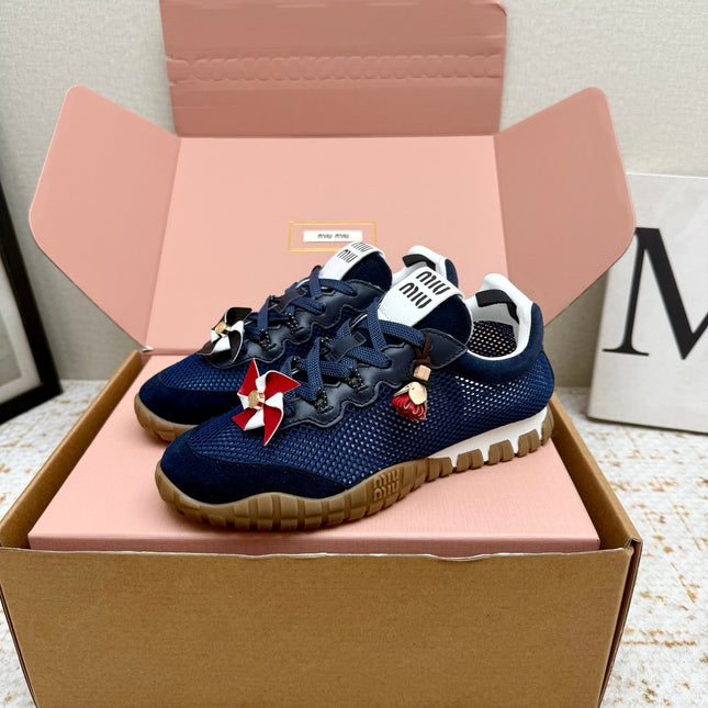 MIUMIU 26S CHARM SNEAKERS IN NAVY BLUE MESH AND SUEDE