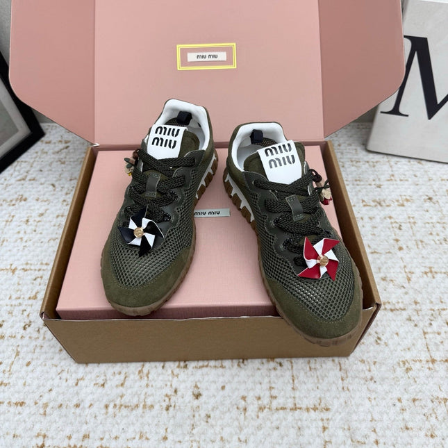 MIUMIU 26S CHARM SNEAKERS IN OLIVE GREEN MESH AND SUEDE