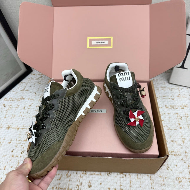 MIUMIU 26S CHARM SNEAKERS IN OLIVE GREEN MESH AND SUEDE