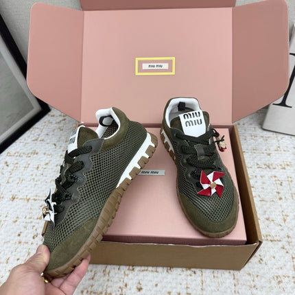 MIUMIU 26S CHARM SNEAKERS IN OLIVE GREEN MESH AND SUEDE