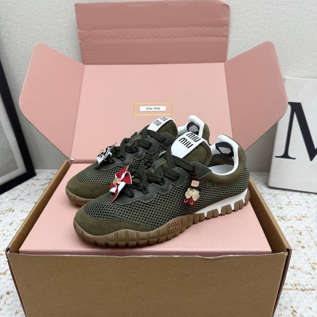 MIUMIU 26S CHARM SNEAKERS IN OLIVE GREEN MESH AND SUEDE