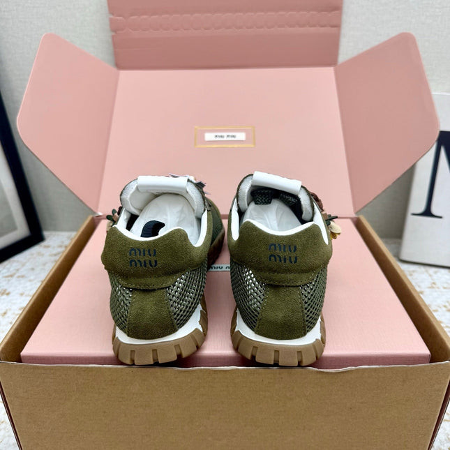 MIUMIU 26S CHARM SNEAKERS IN OLIVE GREEN MESH AND SUEDE