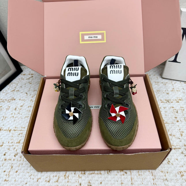 MIUMIU 26S CHARM SNEAKERS IN OLIVE GREEN MESH AND SUEDE