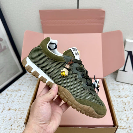 MIUMIU 26S CHARM SNEAKERS IN OLIVE GREEN MESH AND SUEDE