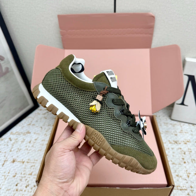 MIUMIU 26S CHARM SNEAKERS IN OLIVE GREEN MESH AND SUEDE