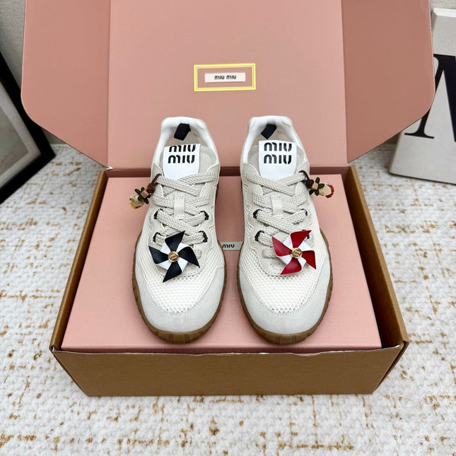 MIUMIU 26S CHARM SNEAKERS IN WHITE MESH AND SUEDE
