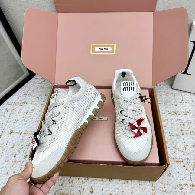 MIUMIU 26S CHARM SNEAKERS IN WHITE MESH AND SUEDE