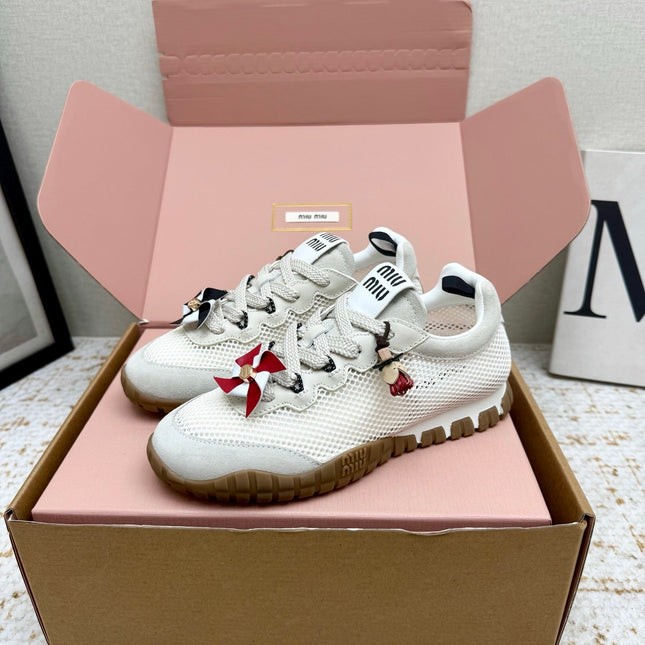 MIUMIU 26S CHARM SNEAKERS IN WHITE MESH AND SUEDE