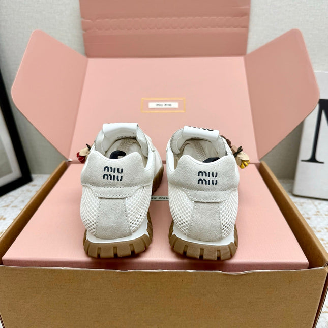 MIUMIU 26S CHARM SNEAKERS IN WHITE MESH AND SUEDE