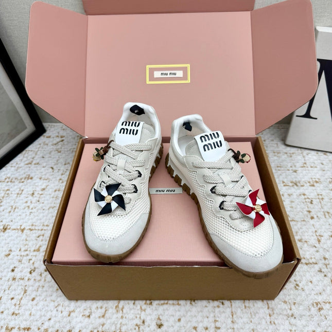 MIUMIU 26S CHARM SNEAKERS IN WHITE MESH AND SUEDE