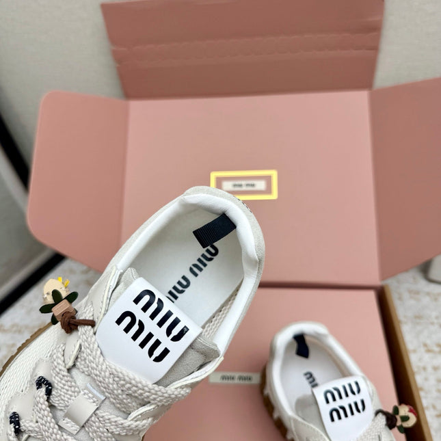 MIUMIU 26S CHARM SNEAKERS IN WHITE MESH AND SUEDE