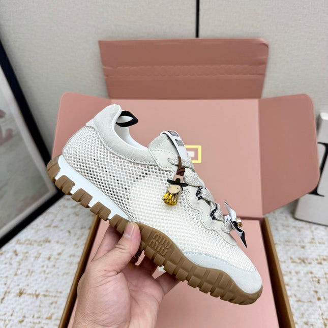 MIUMIU 26S CHARM SNEAKERS IN WHITE MESH AND SUEDE