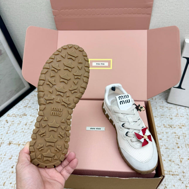 MIUMIU 26S CHARM SNEAKERS IN WHITE MESH AND SUEDE