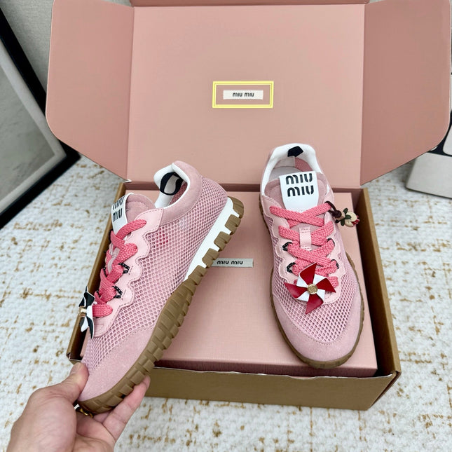 MIUMIU 26S CHARM SNEAKERS IN PINK MESH AND SUEDE
