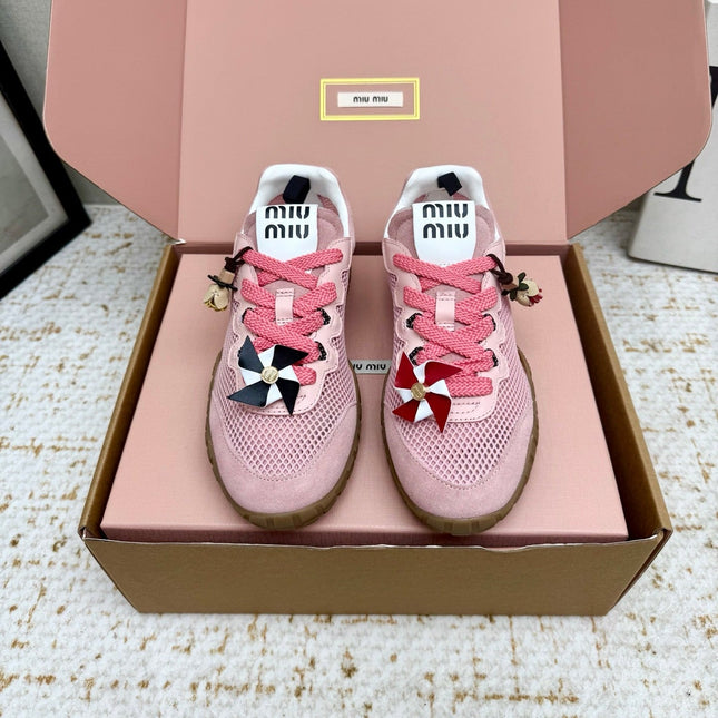 MIUMIU 26S CHARM SNEAKERS IN PINK MESH AND SUEDE