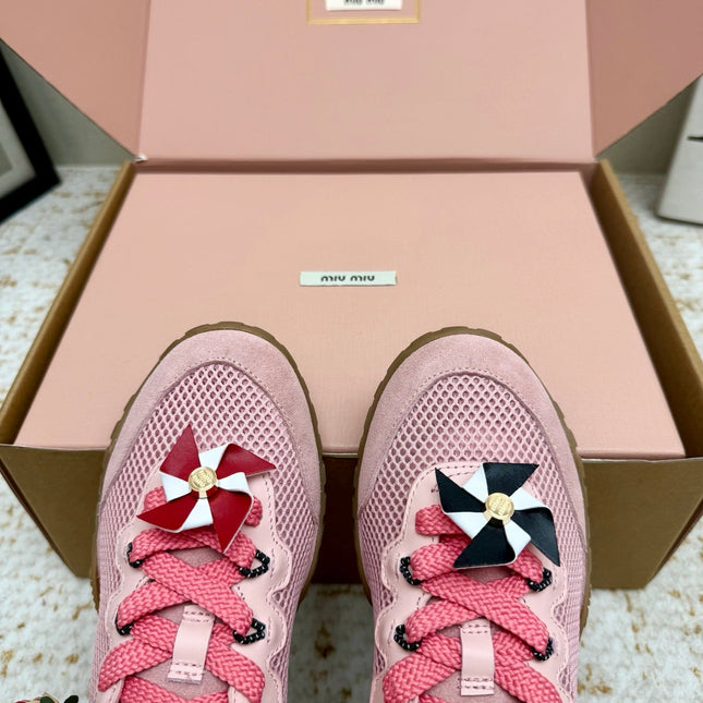 MIUMIU 26S CHARM SNEAKERS IN PINK MESH AND SUEDE