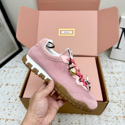 MIUMIU 26S CHARM SNEAKERS IN PINK MESH AND SUEDE