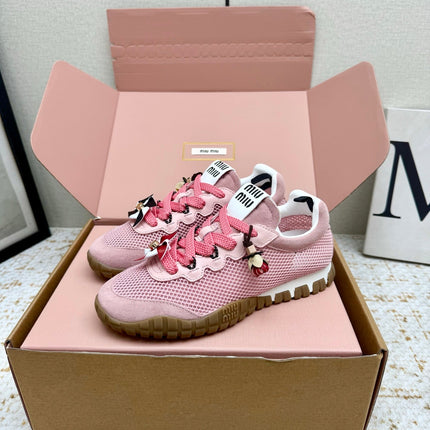 MIUMIU 26S CHARM SNEAKERS IN PINK MESH AND SUEDE