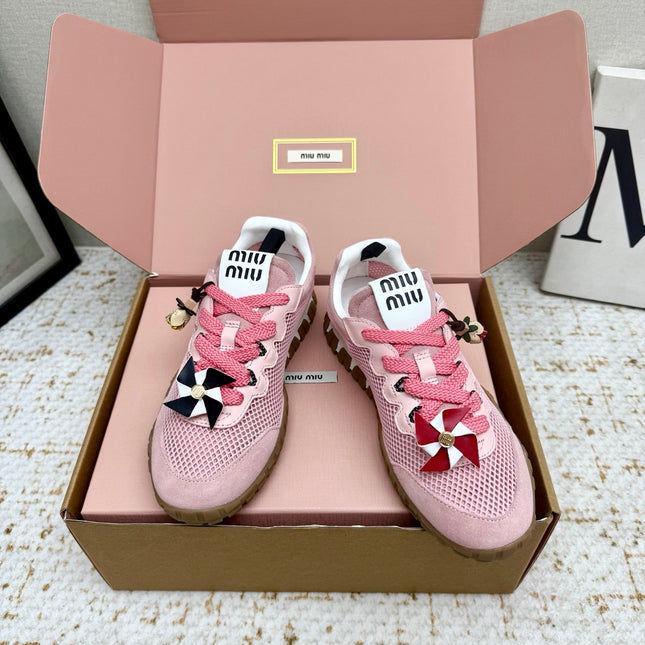 MIUMIU 26S CHARM SNEAKERS IN PINK MESH AND SUEDE