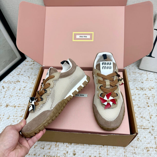MIUMIU 26S CHARM SNEAKERS IN BROWN SUEDE AND WHITE MESH