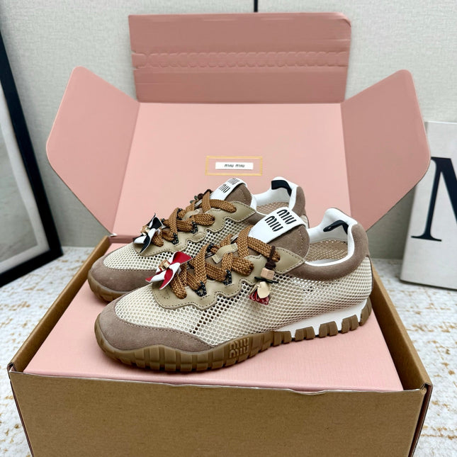 MIUMIU 26S CHARM SNEAKERS IN BROWN SUEDE AND WHITE MESH