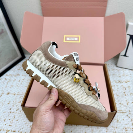 MIUMIU 26S CHARM SNEAKERS IN BROWN SUEDE AND WHITE MESH