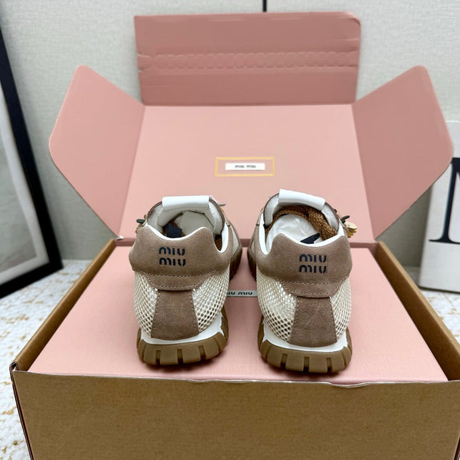 MIUMIU 26S CHARM SNEAKERS IN BROWN SUEDE AND WHITE MESH