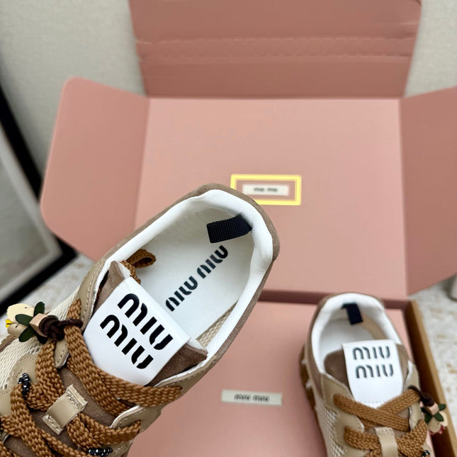 MIUMIU 26S CHARM SNEAKERS IN BROWN SUEDE AND WHITE MESH