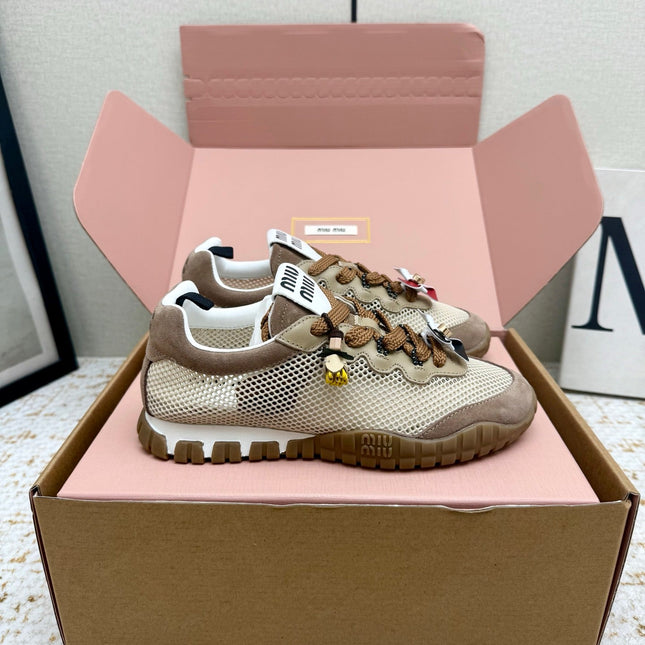 MIUMIU 26S CHARM SNEAKERS IN BROWN SUEDE AND WHITE MESH