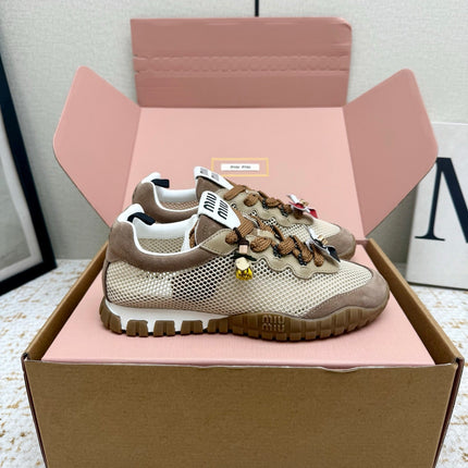 MIUMIU 26S CHARM SNEAKERS IN BROWN SUEDE AND WHITE MESH