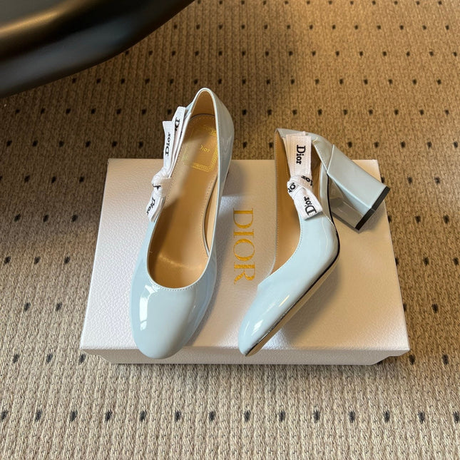 DIOR 26S HIGH HEELS 80 MM IN LIGHT BLUE PATENT CALFSKIN WITH RIBBON BOW