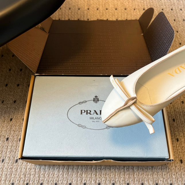 PRADA 26S POINTED TOE BOW FLATS IN IVORY WHITE CALFSKIN