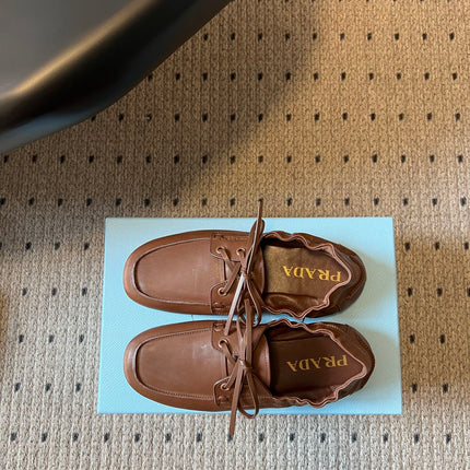 PRADA 26S LACE UP SQUARE TOE LOAFERS IN BROWN CALFSKIN
