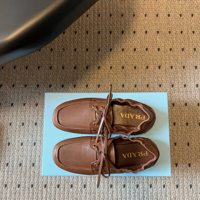 PRADA 26S LACE UP SQUARE TOE LOAFERS IN BROWN CALFSKIN