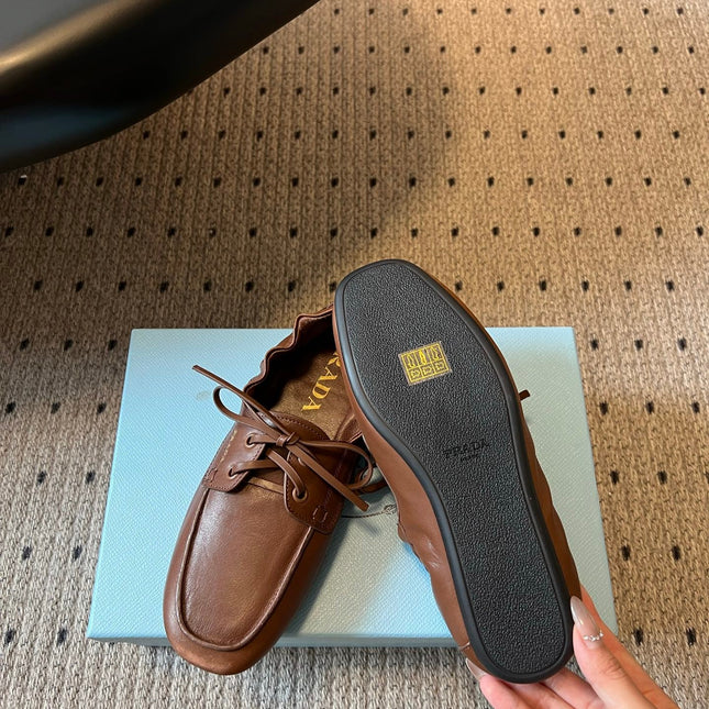 PRADA 26S LACE UP SQUARE TOE LOAFERS IN BROWN CALFSKIN