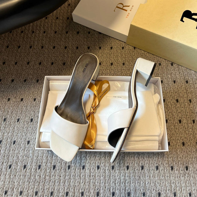 THE ROW 26S SQUARE TOE SLIDE SANDALS 50MM IN WHITE CALFSKIN