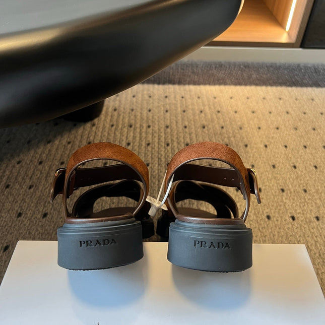 PRADA 26S CROSS STRAP PLATFORM SANDALS 35MM IN BROWN SUEDE