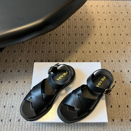 PRADA 26S CROSS STRAP PLATFORM SANDALS 35MM IN BLACK CALFSKIN