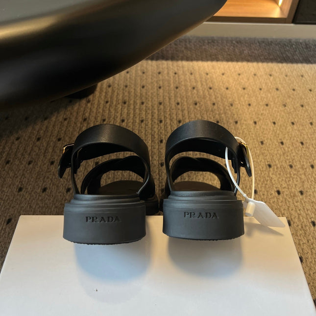 PRADA 26S CROSS STRAP PLATFORM SANDALS 35MM IN BLACK CALFSKIN