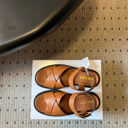 PRADA 26S CROSS STRAP PLATFORM SANDALS 35MM IN BROWN CALFSKIN