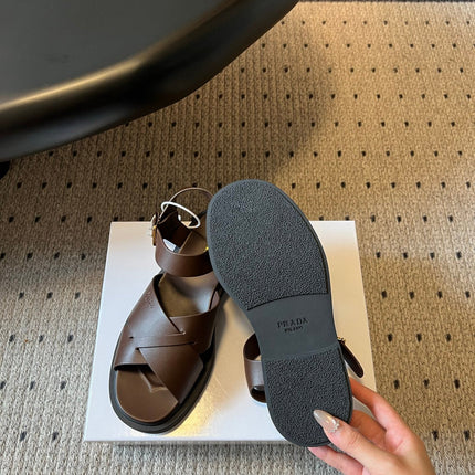 PRADA 26S CROSS STRAP PLATFORM SANDALS 35MM IN DARK BROWN CALFSKIN