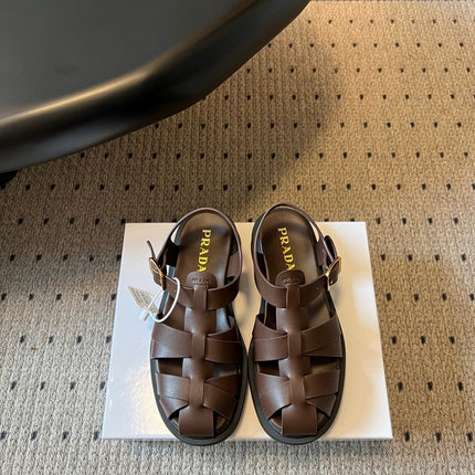 PRADA 26S ANKLE STRAP FISHERMAN SANDALS IN DARK BROWN CALFSKIN