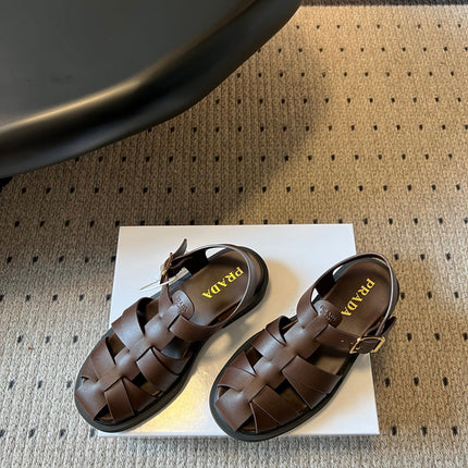 PRADA 26S ANKLE STRAP FISHERMAN SANDALS IN DARK BROWN CALFSKIN