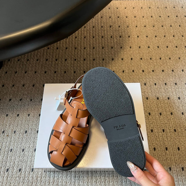 PRADA 26S ANKLE STRAP FISHERMAN SANDALS IN BROWN CALFSKIN