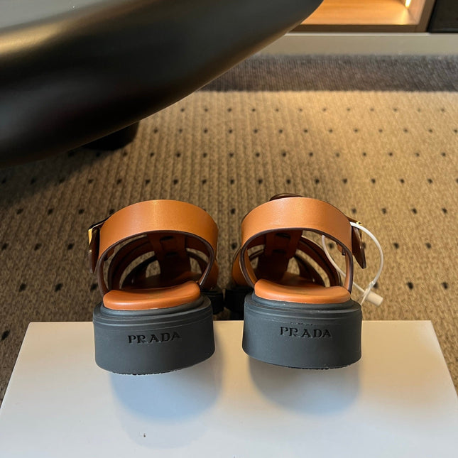 PRADA 26S ANKLE STRAP FISHERMAN SANDALS IN BROWN CALFSKIN
