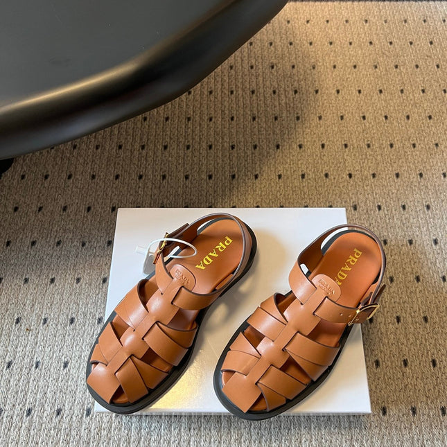 PRADA 26S ANKLE STRAP FISHERMAN SANDALS IN BROWN CALFSKIN