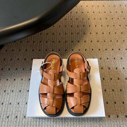 PRADA 26S ANKLE STRAP FISHERMAN SANDALS IN BROWN CALFSKIN