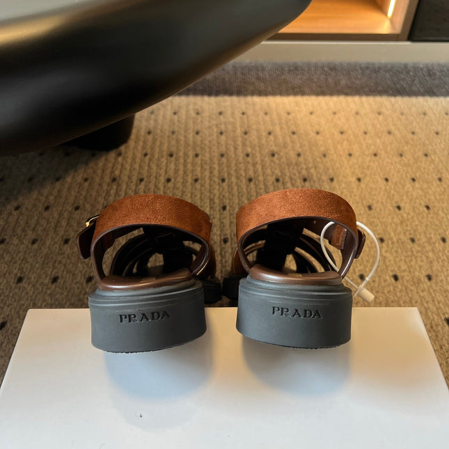 PRADA 26S ANKLE STRAP FISHERMAN SANDALS IN BROWN SUEDE