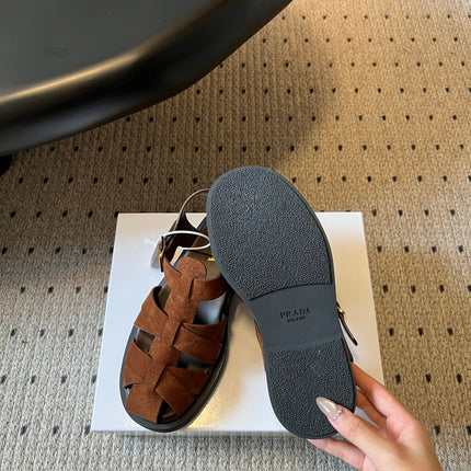 PRADA 26S ANKLE STRAP FISHERMAN SANDALS IN BROWN SUEDE