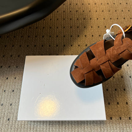 PRADA 26S ANKLE STRAP FISHERMAN SANDALS IN BROWN SUEDE